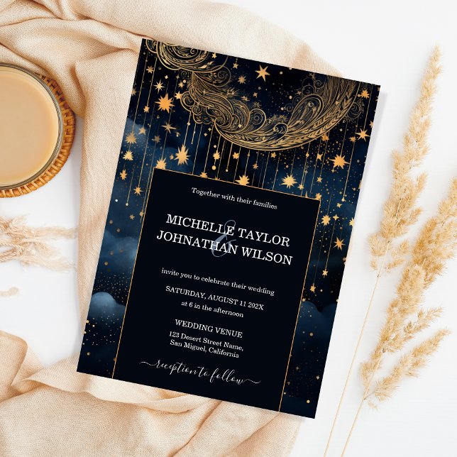 Mystic Celestial Midnight Blue Guld Stars Måne Inbjudningar (Skapare uppladdad)