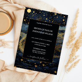 Mystic Celestial Midnight Blue Guld Stars Måne Inbjudningar