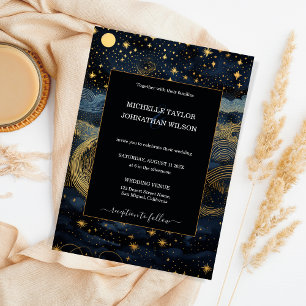 Mystic Celestial Midnight Blue Guld Stars Måne Inbjudningar