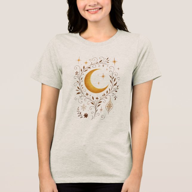 Mystic Celestial Winter | Fantasy Moon & Golden Fl T Shirt (Framsida)