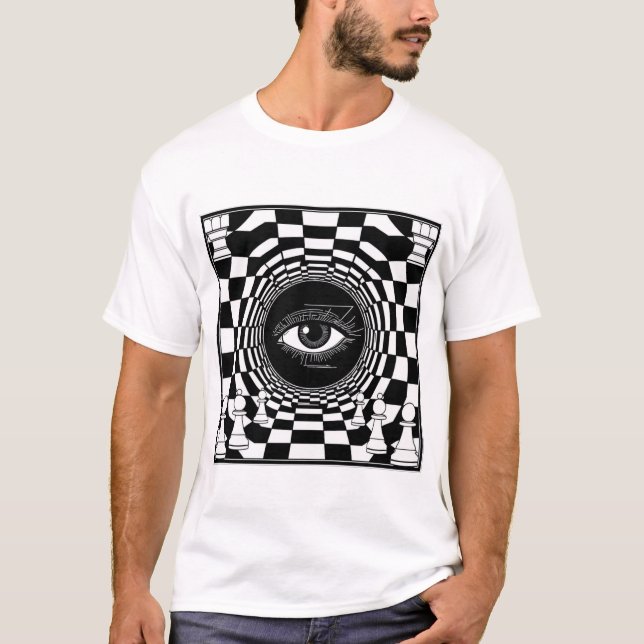 Mystic Chess Eye | Black & White Optical Chess Art T Shirt (Framsida)