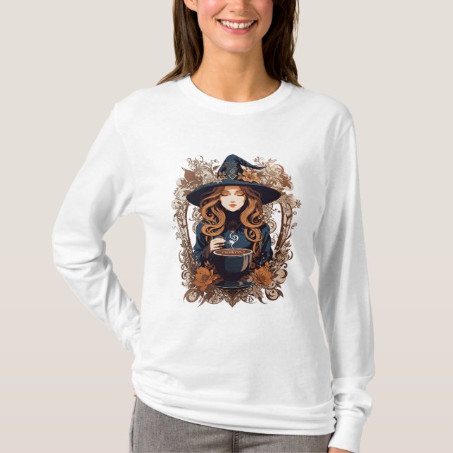 Mystic Coffee Witch – Autumn Floral Sweatshirt T Shirt (Framsida)