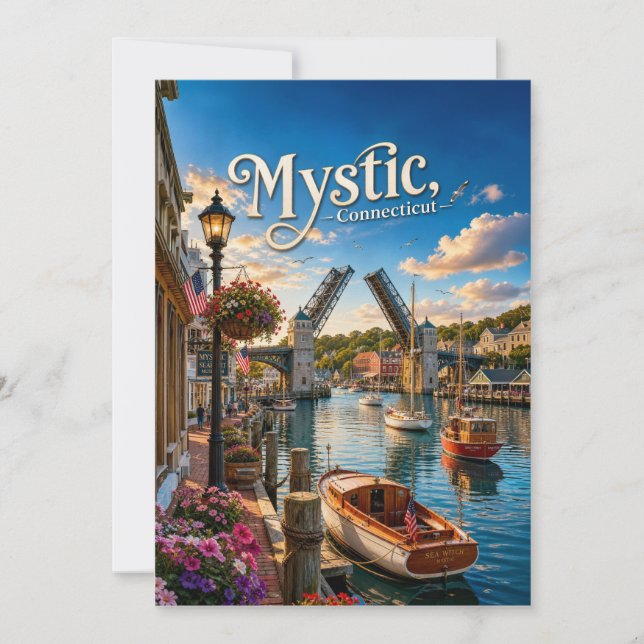 Mystic, Connecticut Lyftbro Hamn Solnedgång Tack Kort (Framsida)