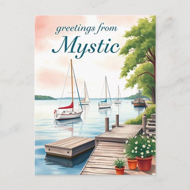 Mystic, Connecticut – Waterfront & Sailboats Vykort (Framsida)