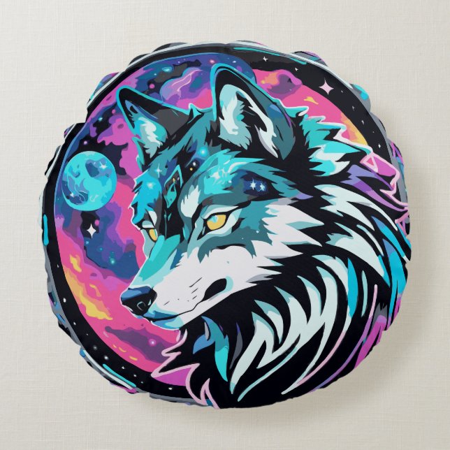 Mystic Cosmic Wolf Round Pillow Rund Kudde (Framsidan)