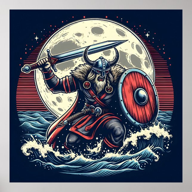 Mystic Crimson Red & White Warrior Moonlit Viking Poster (Framsidan)