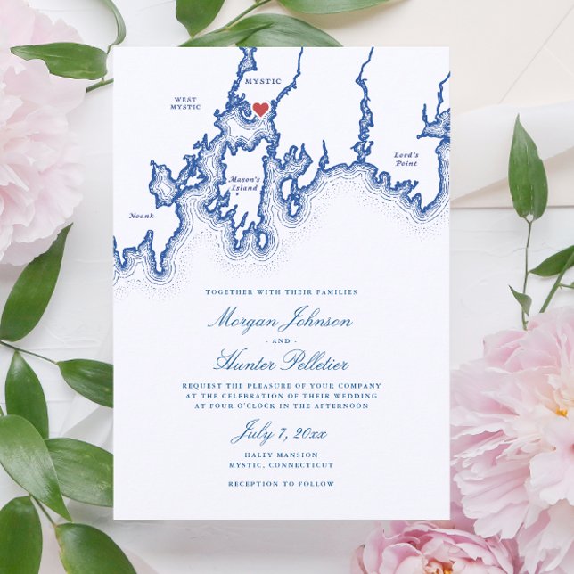 Mystic CT Karta Elegant Navy Blue Bröllop Inbjudningar (Mystic CT Map Wedding Invitation in elegant navy blue by Coastal Map Designs)