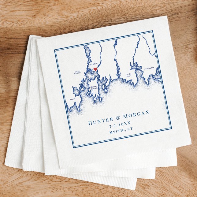 Mystic CT Karta Elegant Navy Blue Bröllop Pappersservett (Mystic CT Map Napkins for an elegant navy blue Connecticut wedding from Coastal Map Designs)