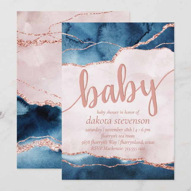 Mystic Elegance | Blue Rosa Agate Baby Shower Inbjudningar (Fram/baksida)
