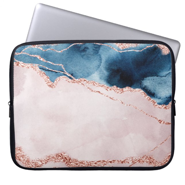 Mystic Elegance | Teal Blue och Ro Guld Agate Laptop Fodral (Framsidan)