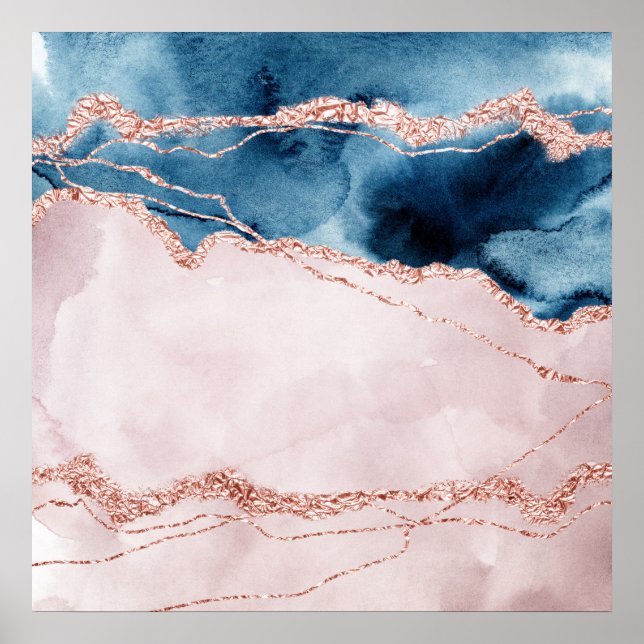 Mystic Elegance | Teal Blue och Ro Guld Agate Poster (Framsidan)