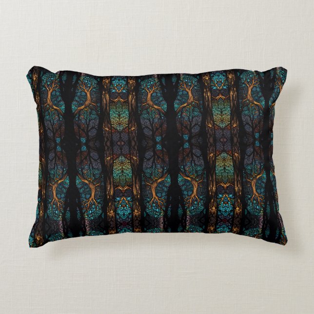 Mystic Forest Mosaic Blue & Black mönster Cushion Prydnadskudde (Framsidan)