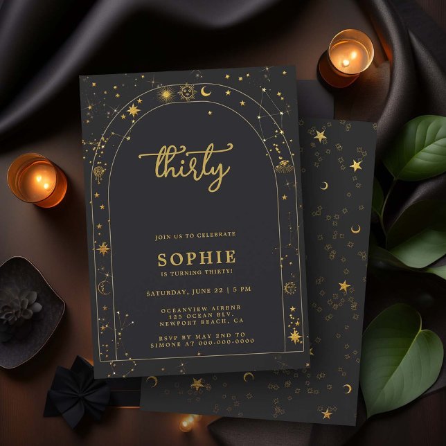 Mystic Fortune Astrology Boho Arch 30års födelseda Inbjudningar (celestial constellation horoscope mystic tarot 30th birthday invitation black gold boho arch fortune)