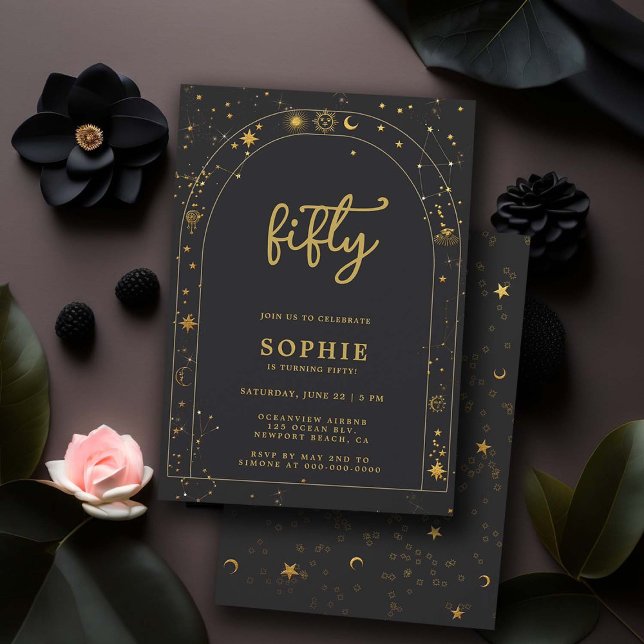 Mystic Fortune Astrology Boho Arch 50: e födelseda Inbjudningar (celestial theme 50th birthday invitations for women tarot horoscope constellations zodiac black gold)