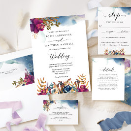 Mystic Garden Lila, Blue, Teal och Guld Bröllop Inbjudningar