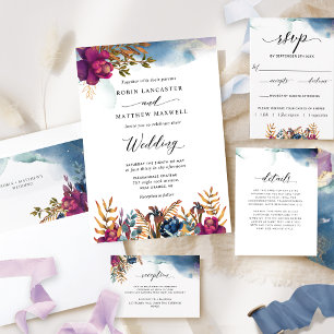 Mystic Garden Lila, Blue, Teal och Guld Bröllop Inbjudningar
