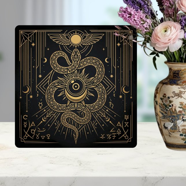 Mystic Gold Snaket Sun Celestial Astrology Art Kakelplatta (Skapare uppladdad)