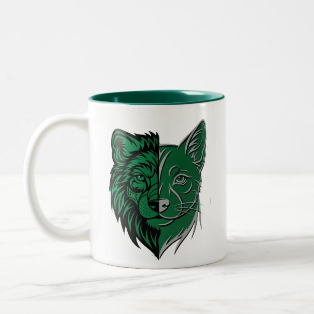 Mystic Green Wolf Fox Duality Mug - Unique Spirit  Två-Tonad Mugg (Vänster)