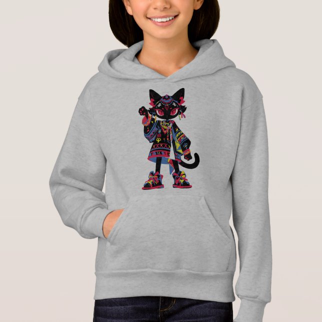Mystic Kawaii Cat – Färgglad Tribalanda Tee (Framsida)