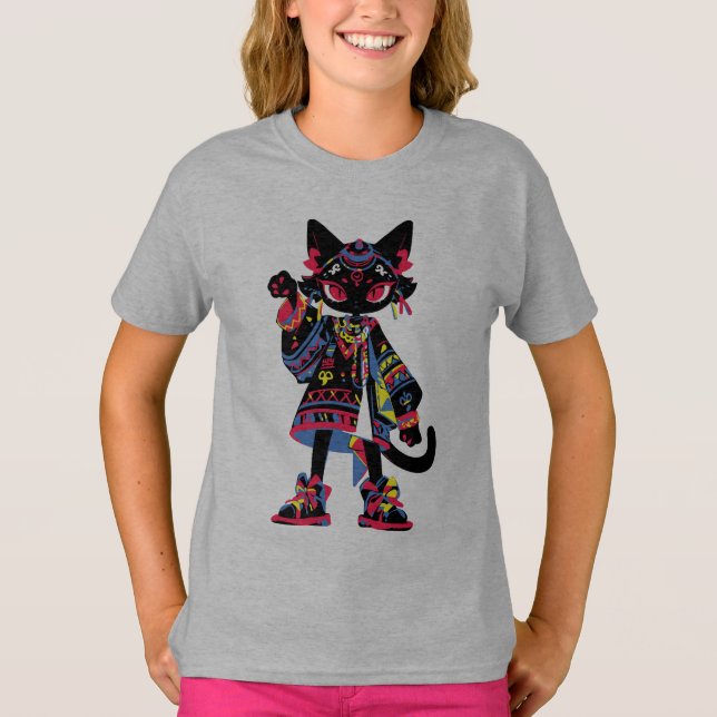 Mystic Kawaii Katt – Färgfull Tribalanda Tee (Framsida)