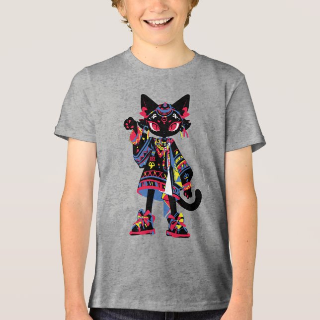 Mystic Kawaii Katt – Färgfull Tribalanda Tee (Framsida)