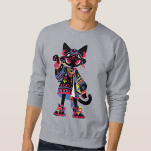 Mystic Kawaii Katt – Färgfull Tribalanda Tee Lång Ärmad Tröja