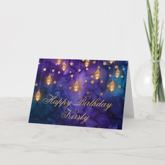 Mystic Lila Blue Fairy Lanterns Bokeh Birthday Kort (Framsida)