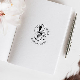 Mystic Måne Cat with Flowers, Ex Libris Bok Stämpel