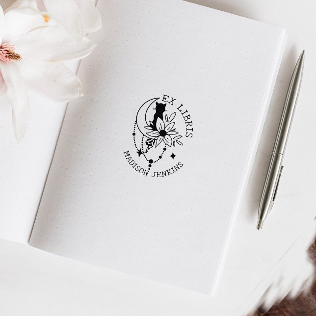 Mystic Måne Cat with Flowers, Ex Libris Bok Stämpel (Skapare uppladdad)