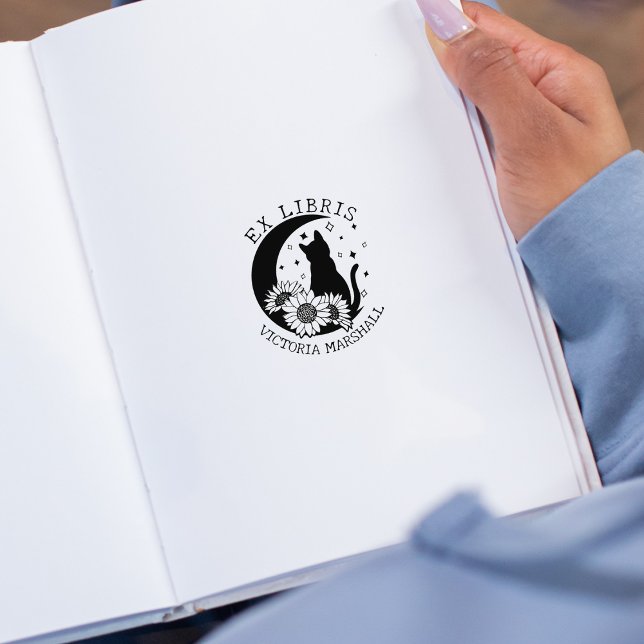 Mystic Måne Cat with Sunblommor, Ex Libris Bok Stämpel (Skapare uppladdad)