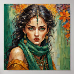 Mystic Maven: vacker Grönt-Eyed Gypsy Woman Poster