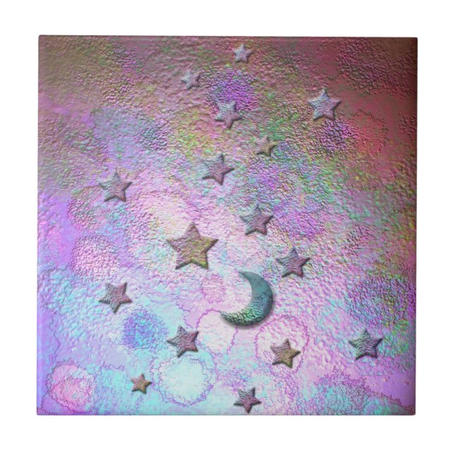 Mystic Metallic Måne and Stars Pastel Kakelplatta (Framsidan)