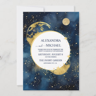 Mystic Midnight Blue och Guld Watercolor Bröllop Inbjudningar