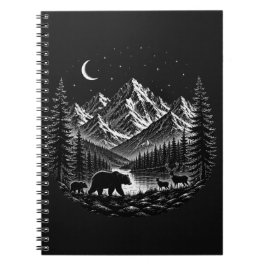 Mystic Mountain Wilderness Natt Linocut Stil Anteckningsbok