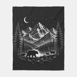 Mystic Mountain Wilderness Natt Linocut Stil Fleecefilt