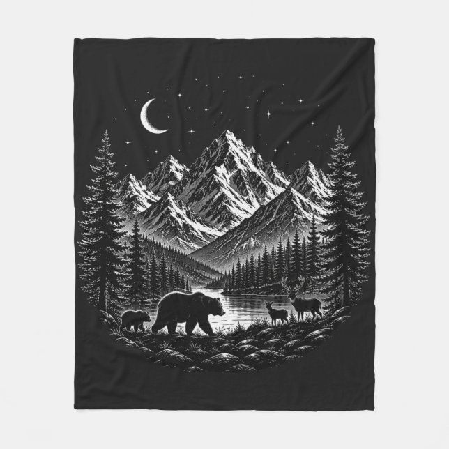 Mystic Mountain Wilderness Natt Linocut Stil Fleecefilt (Framsidan)