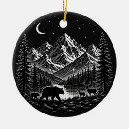 Mystic Mountain Wilderness Natt Linocut Stil Julgransprydnad Keramik