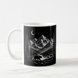 Mystic Mountain Wilderness Natt Linocut Stil Kaffemugg