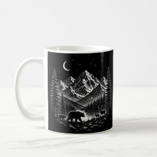 Mystic Mountain Wilderness Natt Linocut Stil Kaffemugg