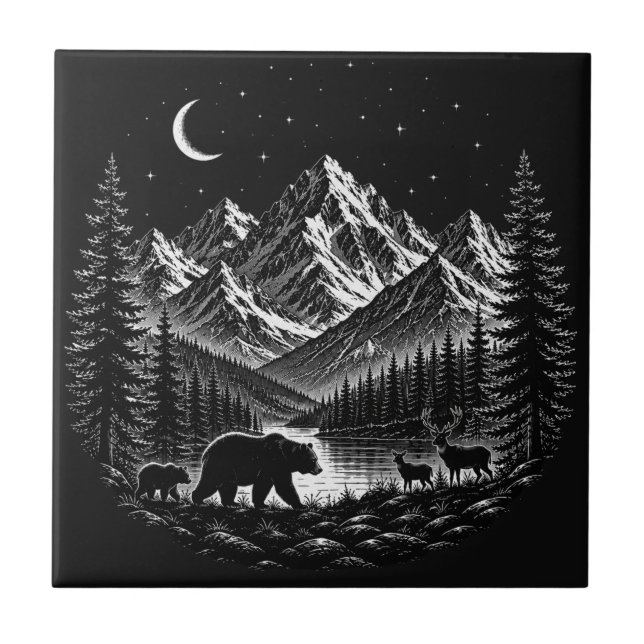 Mystic Mountain Wilderness Natt Linocut Stil Kakelplatta (Framsidan)