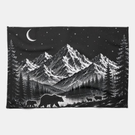 Mystic Mountain Wilderness Natt Linocut Stil Kökshandduk