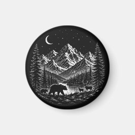 Mystic Mountain Wilderness Natt Linocut Stil Magnet