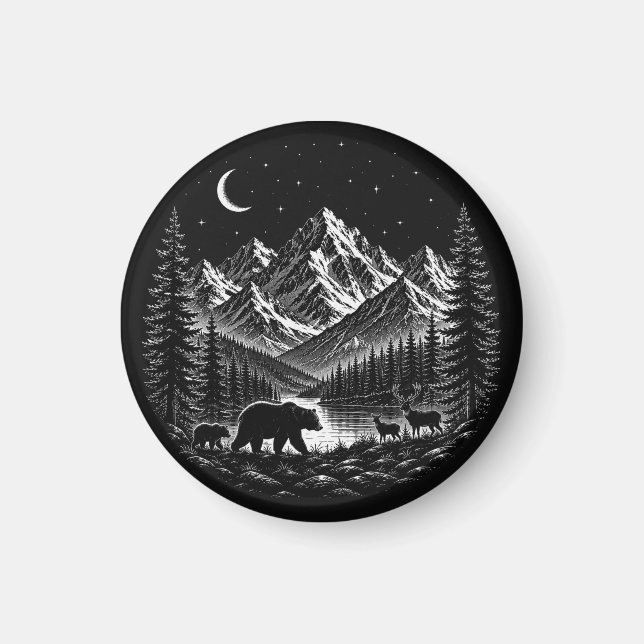 Mystic Mountain Wilderness Natt Linocut Stil Magnet (Framsidan)
