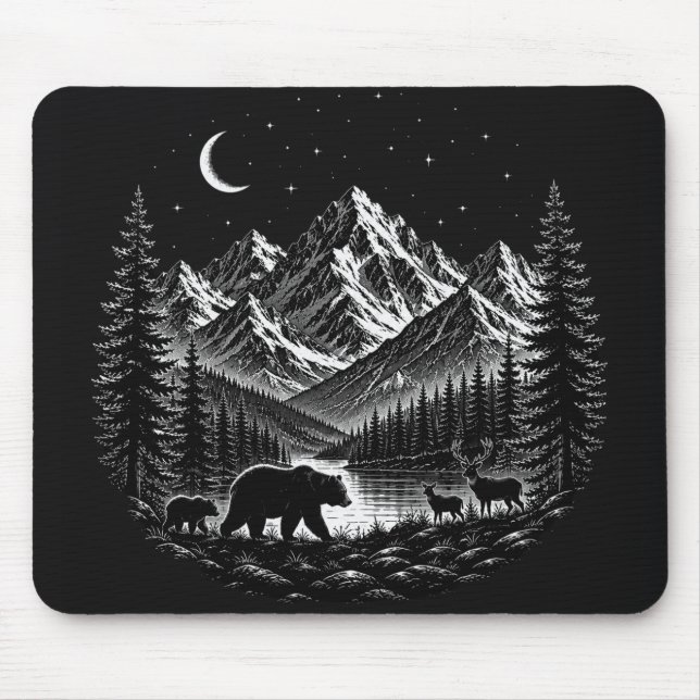 Mystic Mountain Wilderness Natt Linocut Stil Musmatta (Framsidan)
