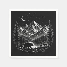 Mystic Mountain Wilderness Natt Linocut Stil Pappersservett