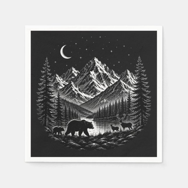 Mystic Mountain Wilderness Natt Linocut Stil Pappersservett (Framsidan)