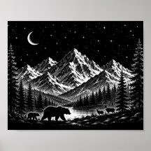 Mystic Mountain Wilderness Natt Linocut Stil