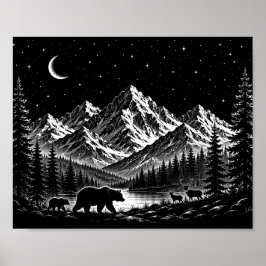 Mystic Mountain Wilderness Natt Linocut Stil Poster