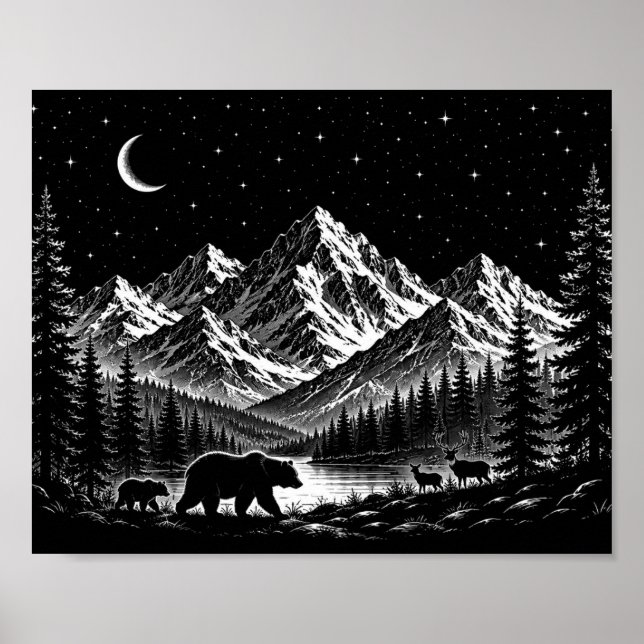 Mystic Mountain Wilderness Natt Linocut Stil Poster (Framsidan)
