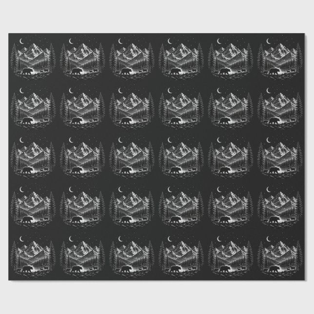 Mystic Mountain Wilderness Natt Linocut Stil Presentpapper (Platt)